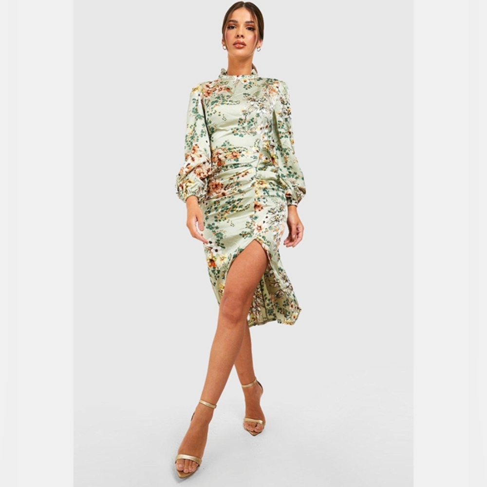Floral Print High Neck Ruched Midi Dress Sage Green Fairycore Size 4 Boohoo - Picture 3 of 13